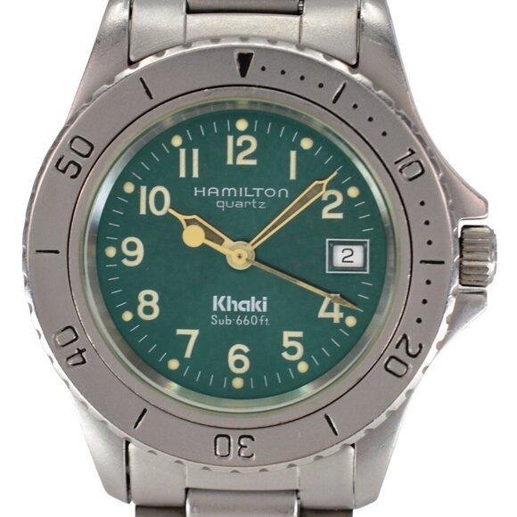 Vintage Ladies 31mm Hamilton Khaki Green Dial Quartz Sub 660ft Diver Watch 8587B - Picture 1 of 10